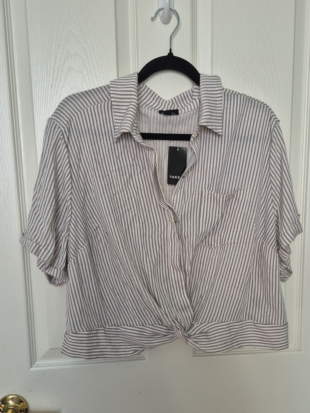 torrid White and Gray Striped Tie-Front Button Down Shirt